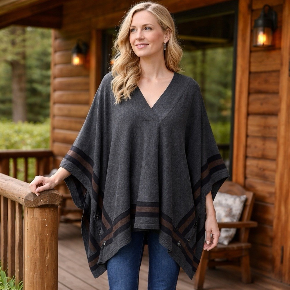 Hinge Nordstrom Hyde Charcoal Button Side Sweater/Poncho Black Brown Stripe‎ M/L